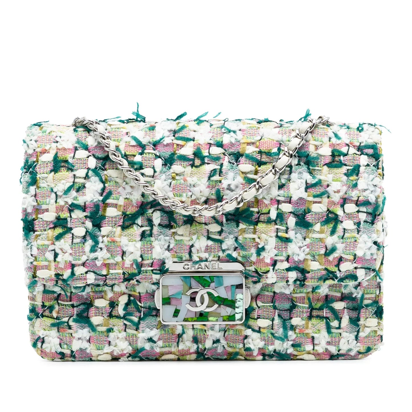 Green Chanel Mini Quilted Tweed Beauty Lock Flap Crossbody Bag