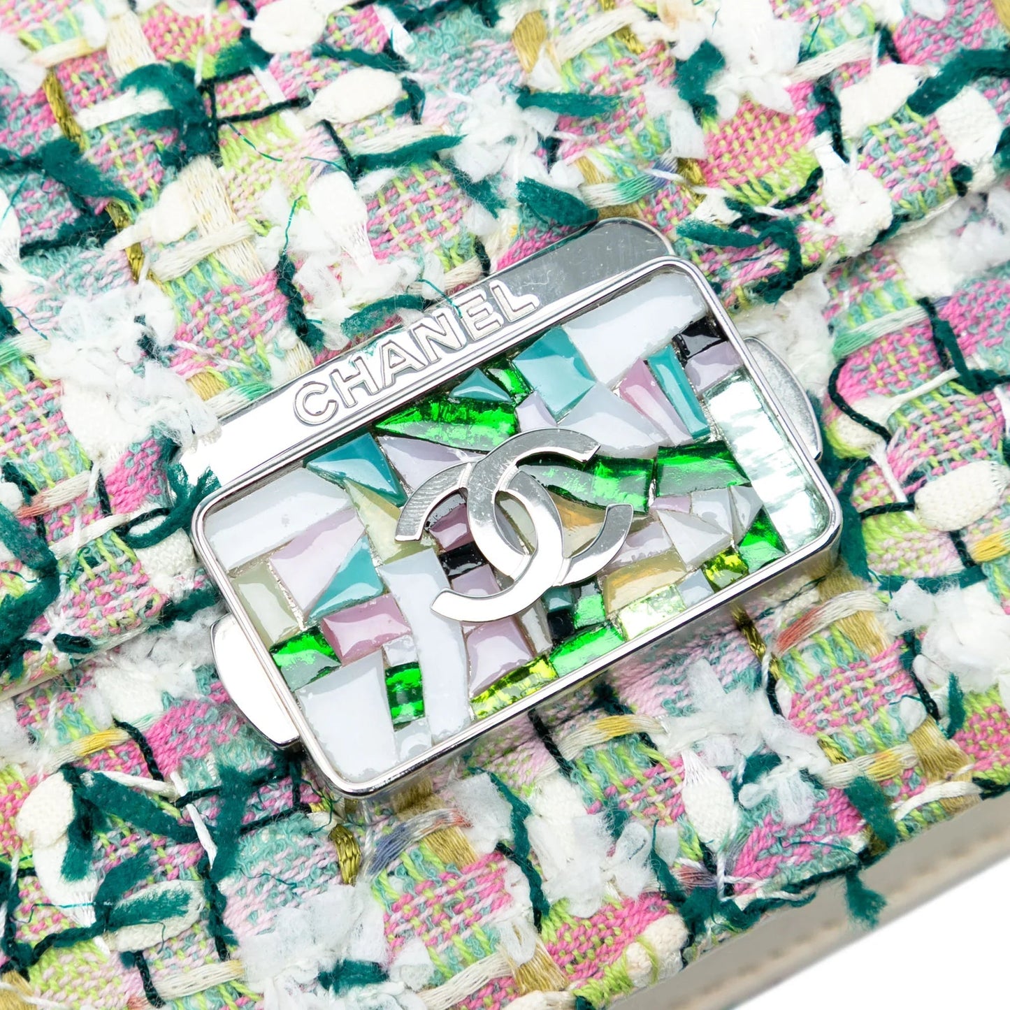 Green Chanel Mini Quilted Tweed Beauty Lock Flap Crossbody Bag