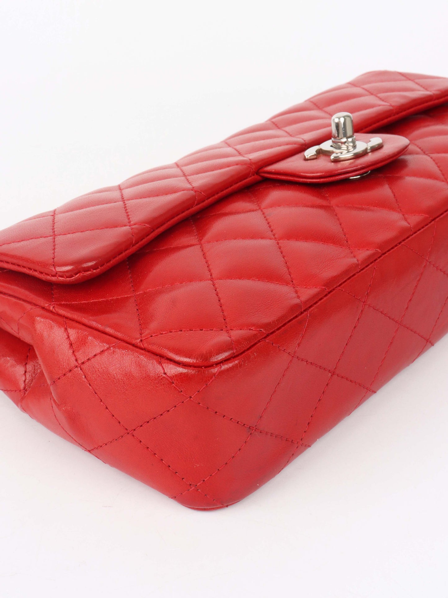 Chanel Red Lambskin East West Classic Flap Bag.