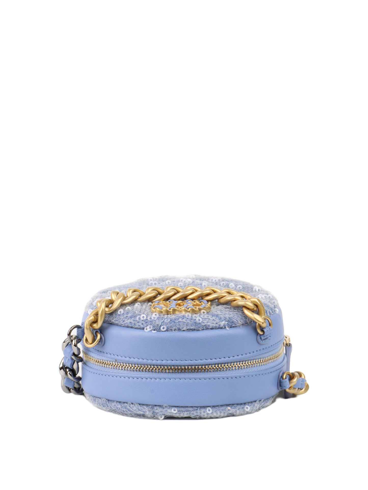 Chanel 19 Round Blue Sequinned Clutch with Chain.