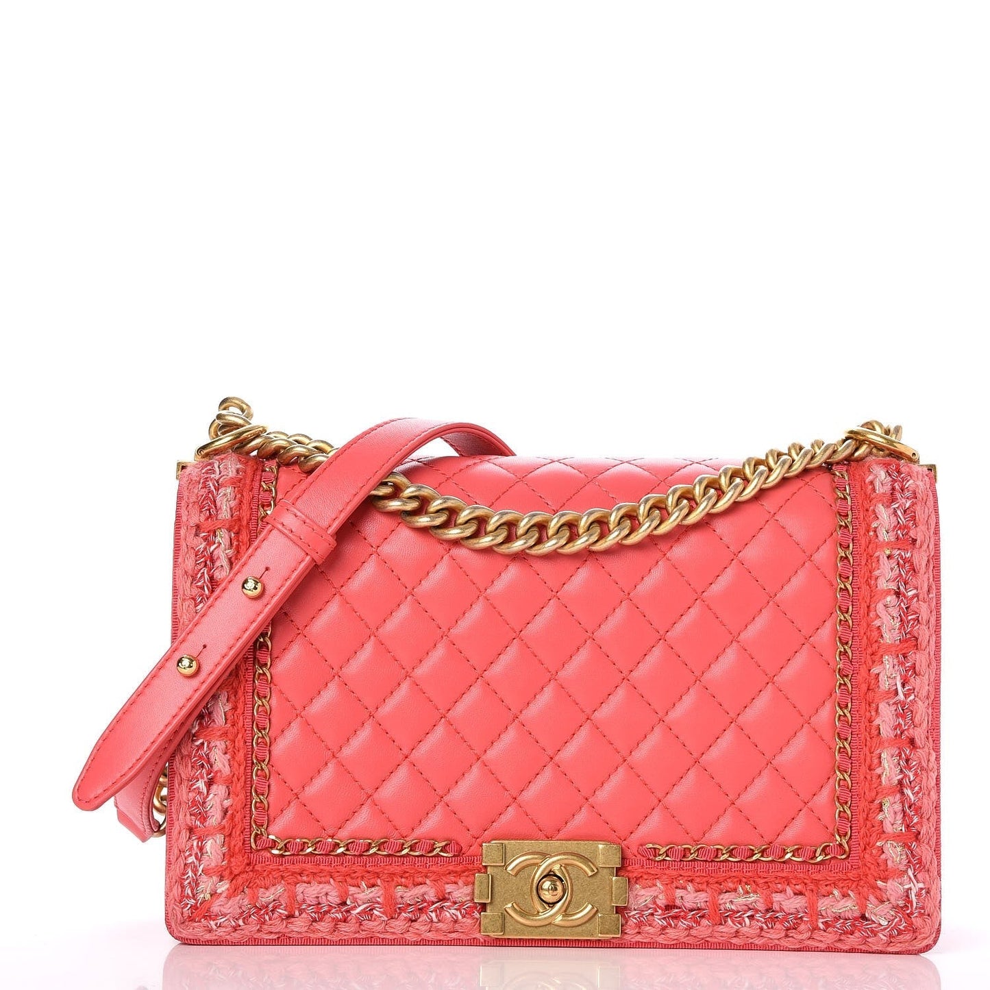 Chanel Lambskin Grosgrain Quilted Braided Medium Jacket Boy Flap Coral