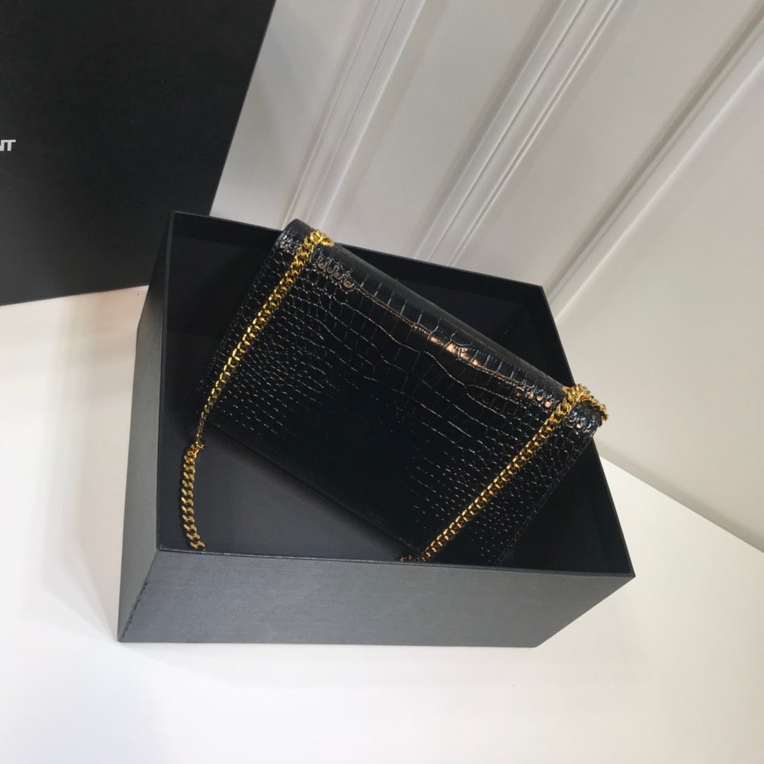 YSSL Kate Medium Chain Bag With Tassel In Embossed Crocodile Black For Women 9in/24cm YSL 354119DND0J1000