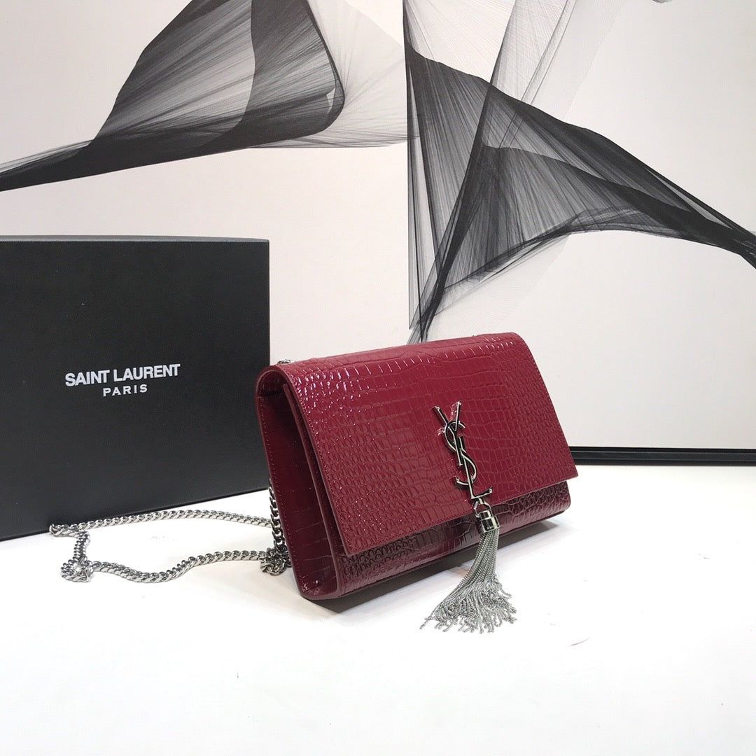 YSSL Kate Medium Chain Bag With Tassel In Embossed Crocodile Burgundy For Women 9in/24cm YSL