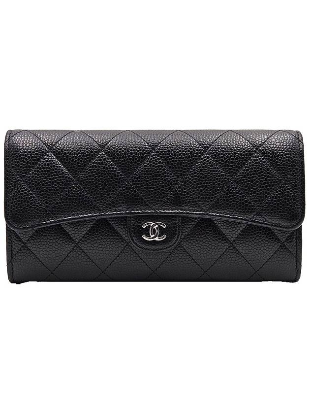 Chanel AP0241 Black Caviar Silver CC Logo Classic Long Flap Wallet Chanel