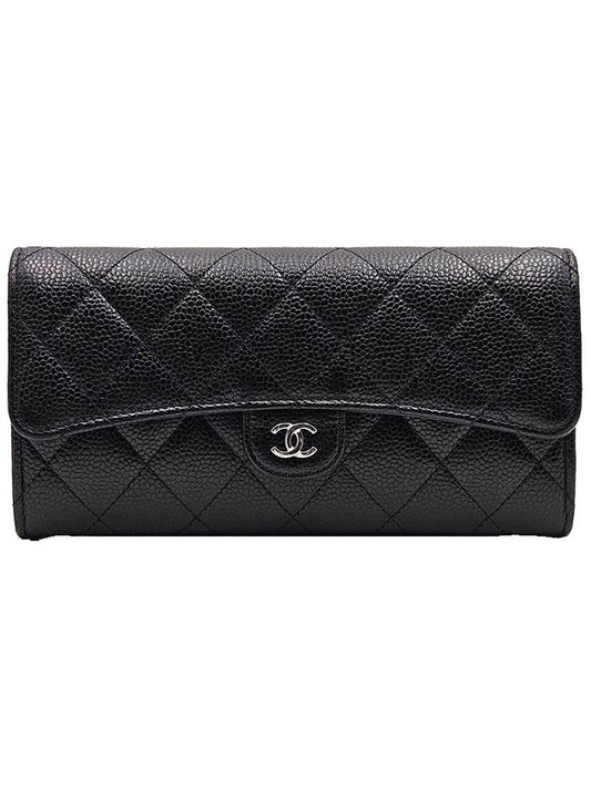 Chanel AP0241 Black Caviar Silver CC Logo Classic Long Flap Wallet Chanel
