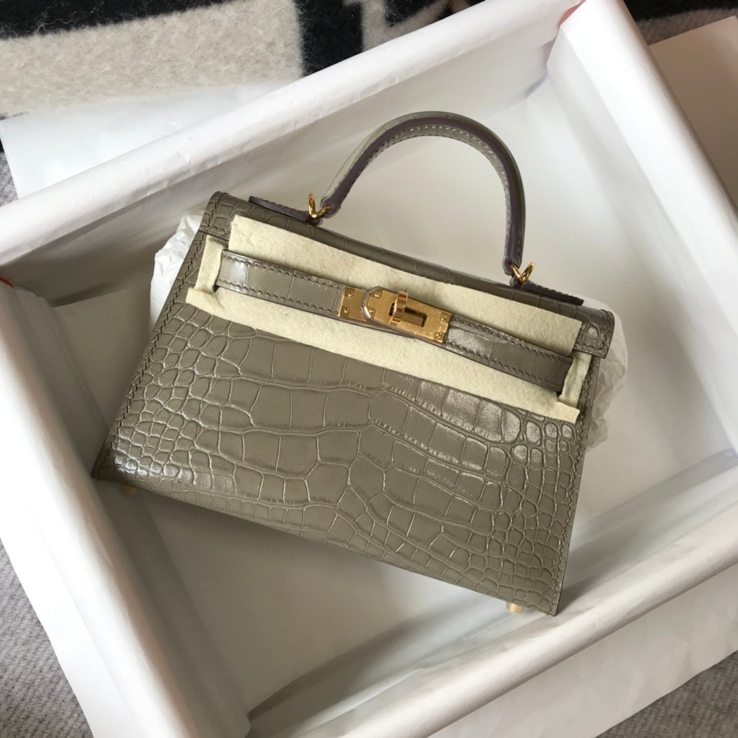 Top Quality Kelly Grey For Women Gold Toned Hardware 7.8in/20cm