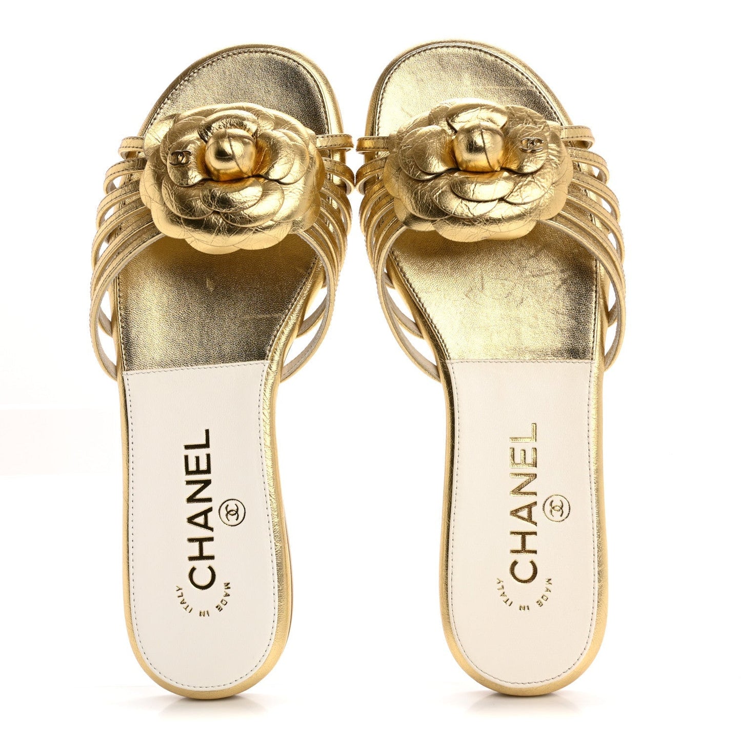 Chanel Laminated Lambskin Camellia CC Slide Sandals 36 Golden