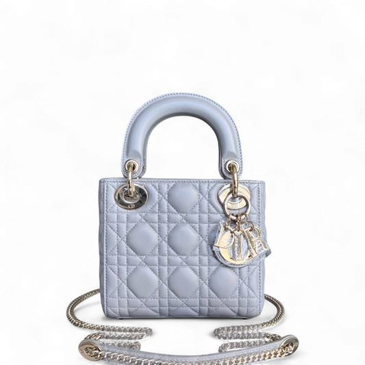 Dior Lady Mini - Cannage Lambskin Silver Gold Hardware Chain Strap