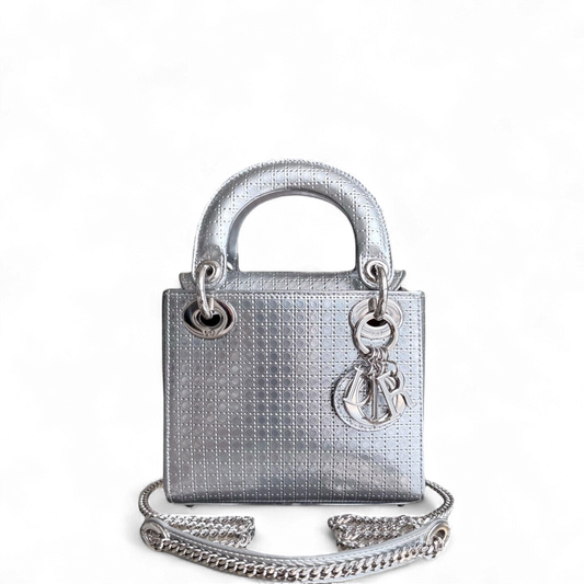 Dior Lady Mini - Metallic Calfskin Micro Cannage Silver Hardware Chain strap