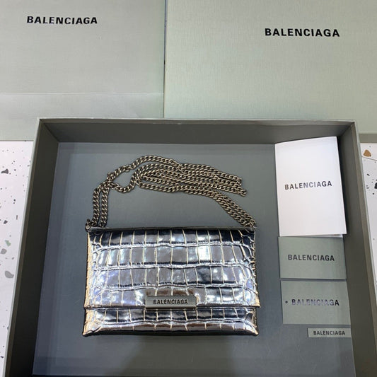 Balen Triplet Small Bag CrocoTop Qualityle Embossed Silver, For Women,  Bags 8.3in/21cm