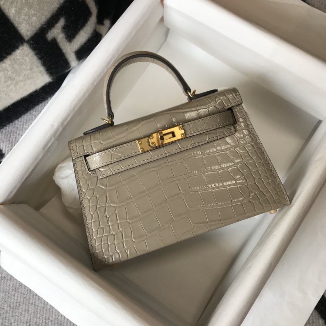 Top Quality Mini Kelly 19 Embossed Patent Light Grey Bag With Gold-Toned Harware For Women, Handbags, Shoulder Bags 7.5in/19cm