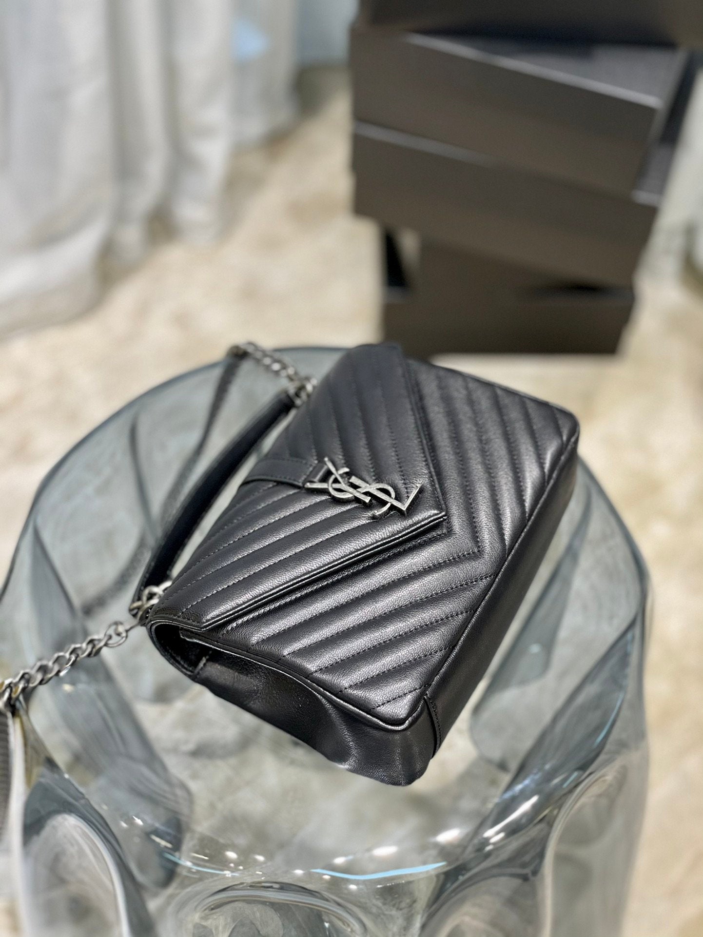 YSSL College Medium Chain Bag Black Silver Toned Hardware For Women 9in/24cm YSL 600279BRM041000