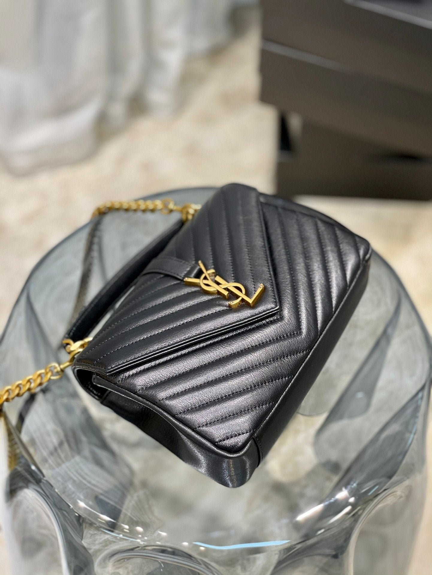 YSSL College Medium Chain Bag Black Gold Toned Hardware For Women 9in/24cm YSL