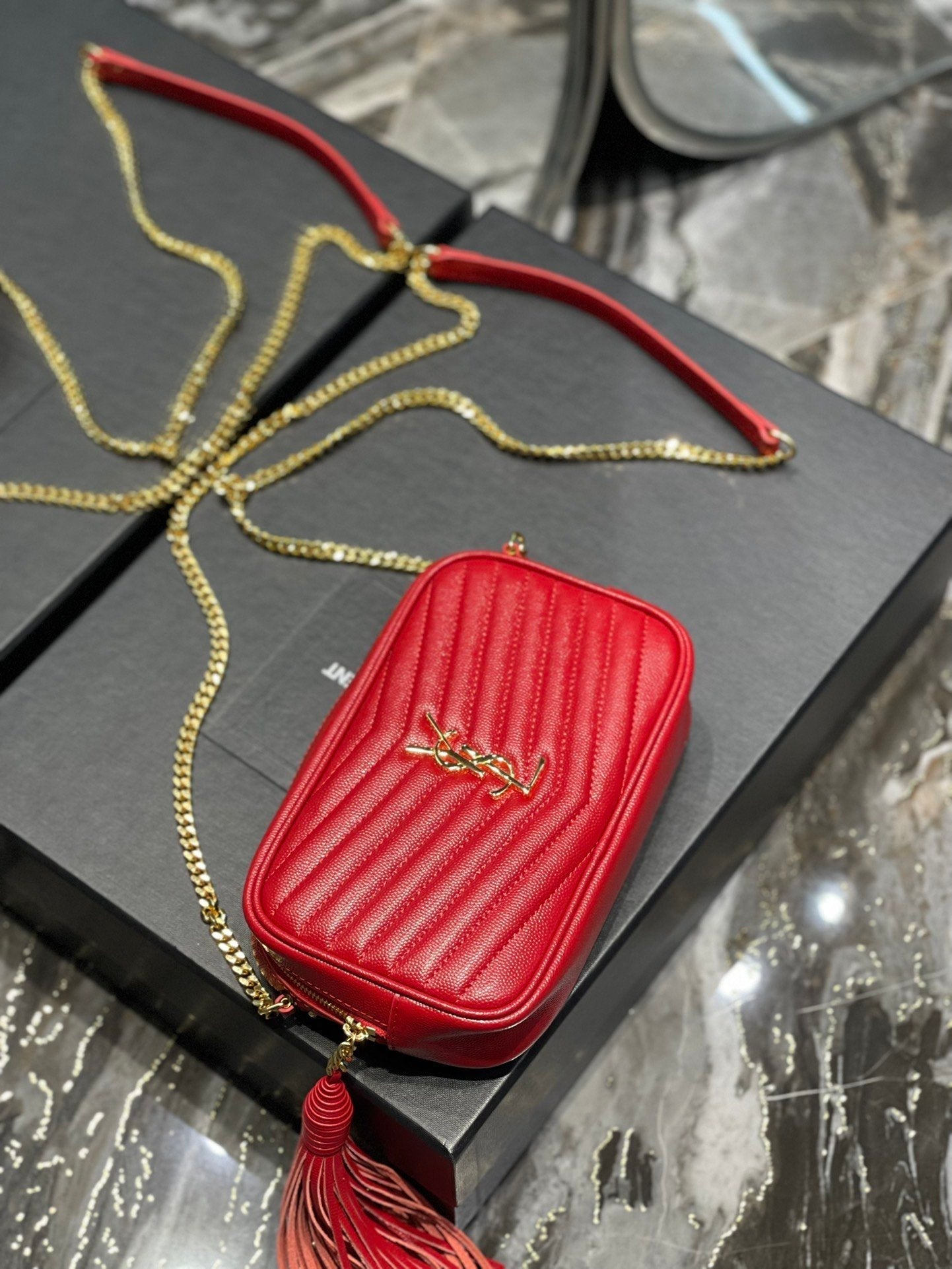 YSSL Lou Mini Bag Red In Quilted Grain De Poudre With Gold Hardware For Women 7in/19cm YSl 6125791GF076008