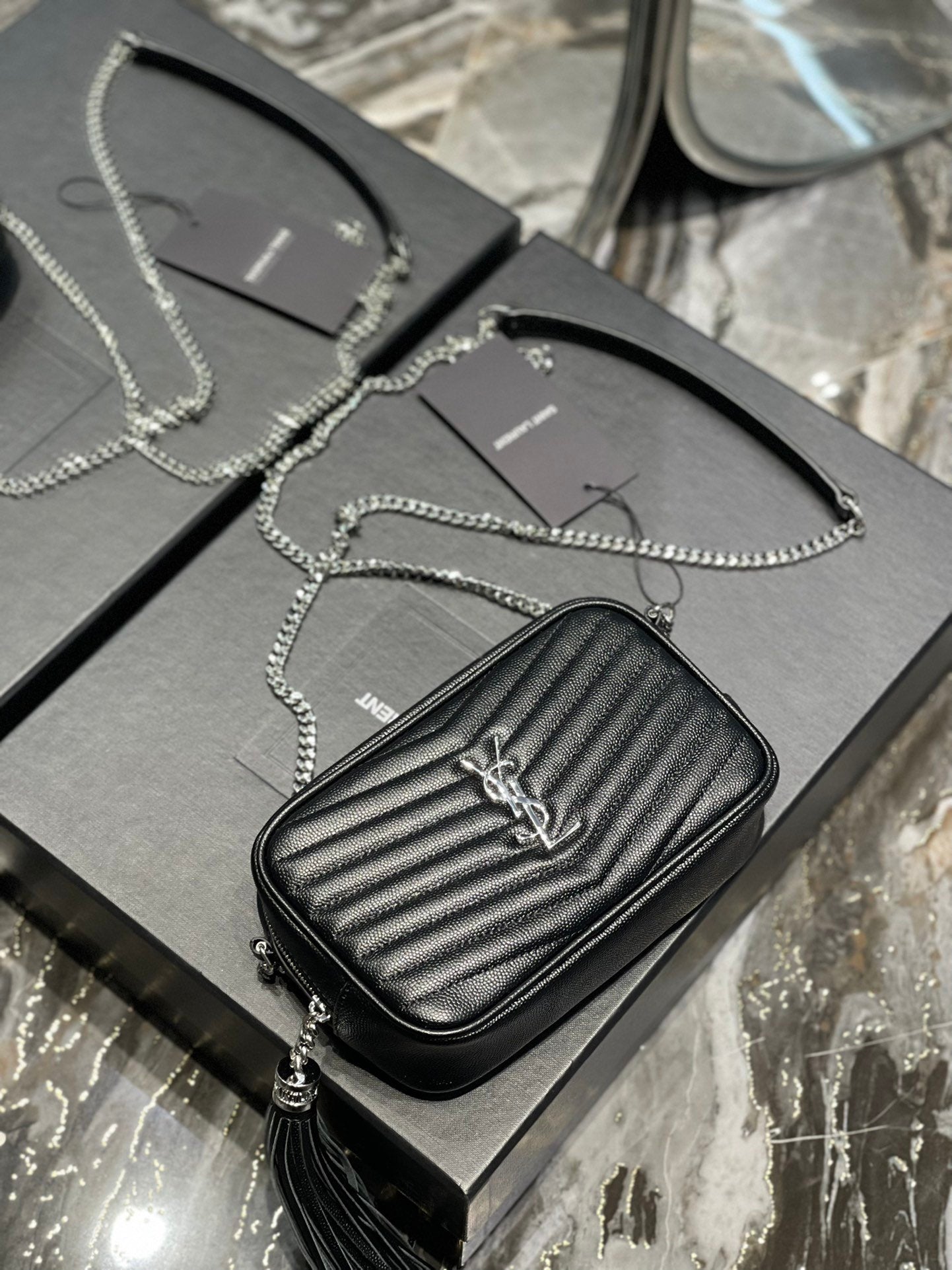 YSSL Lou Mini Bag Black In Quilted Grain De Poudre With Silver Toned Hardware For Women 7in/19cm YSl 6125791GF021000
