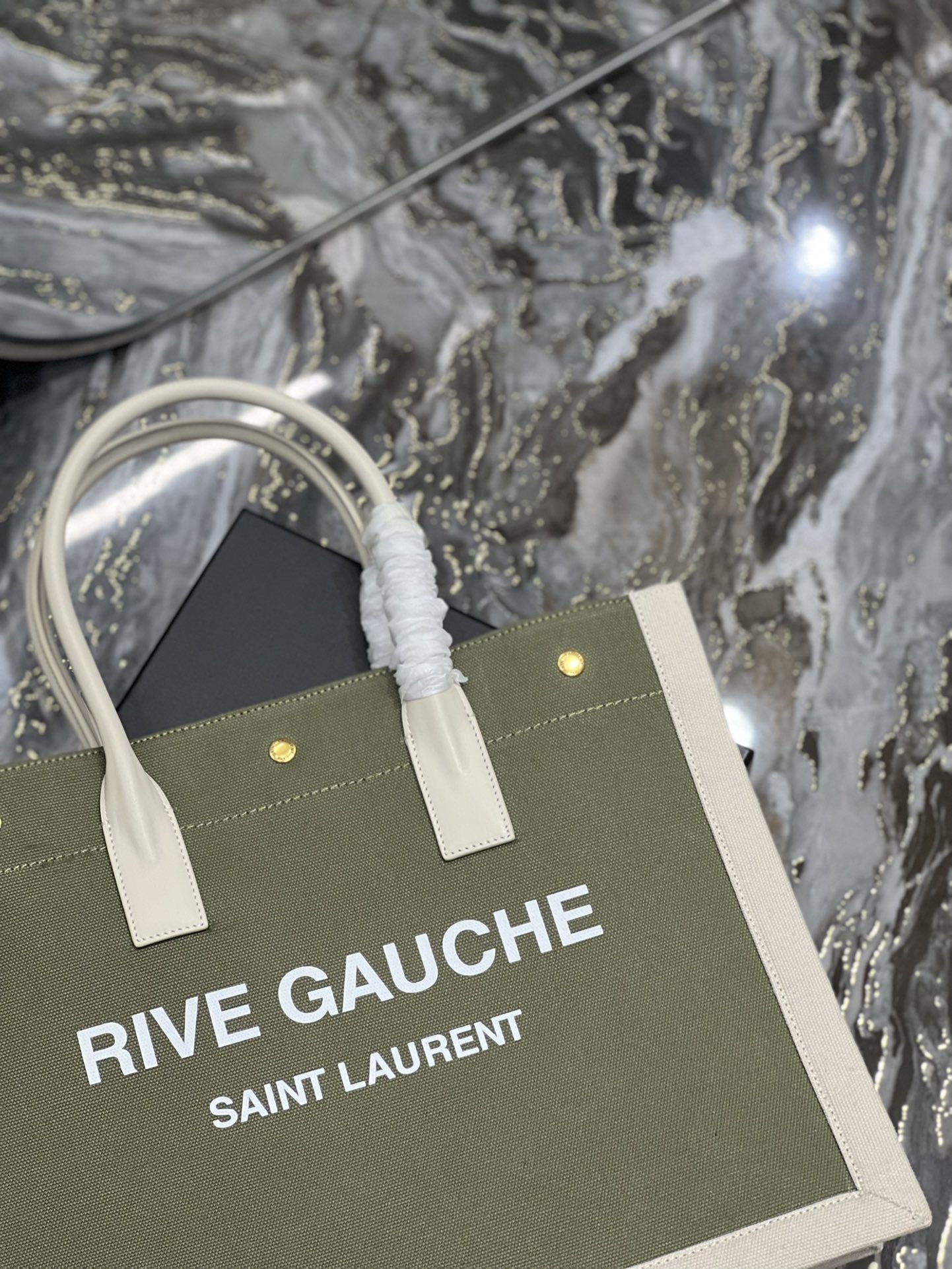 YSSL Rive Gauche Small Tote Bag In Linen Military Green For Women 15in/39cm YSL 617481FAADI3281