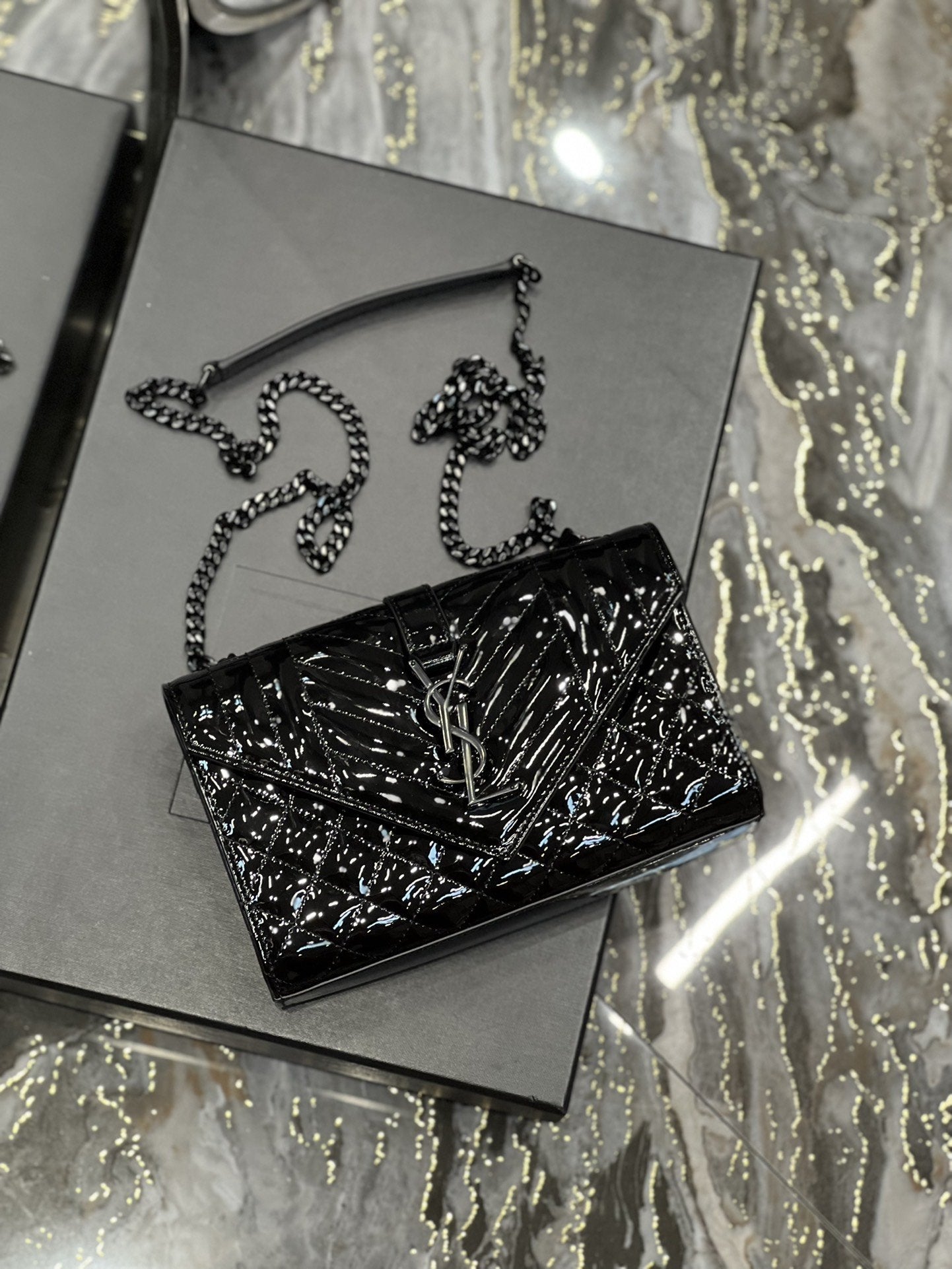 YSSL Envelope Small Bag Black In Mix Matelassé Grain De Poudre Embossed Material For Women 8in/21cm YSL