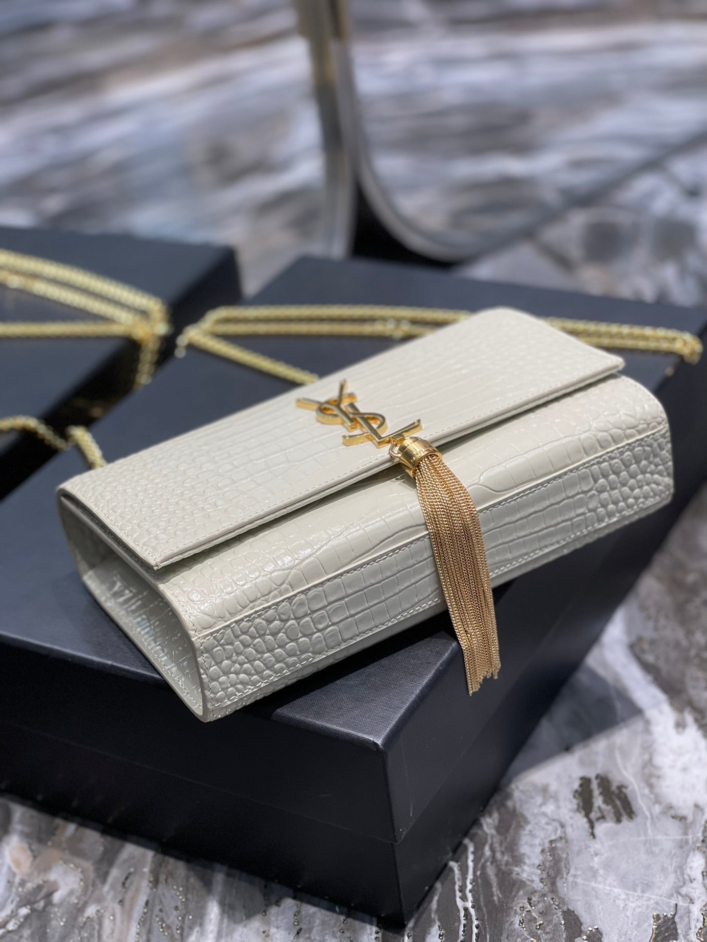 YSSL Kata Medium Chain Bag White  With Tassel For Women 9in/24cm YSL 354119DND0J9207