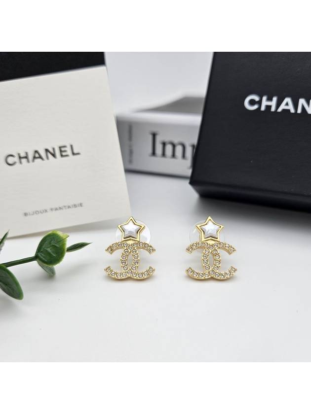 CC Logo Crystal Star Pearl Earrings Gold Chanel