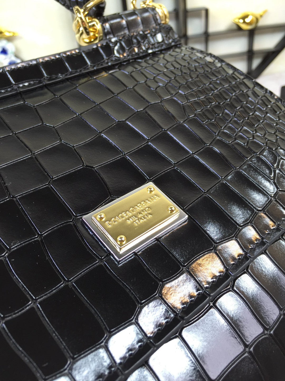 Top Quality Medium Sicily Bag In Foiled Crocodile-Print Black For Women 10.2in/26cm Top Quality