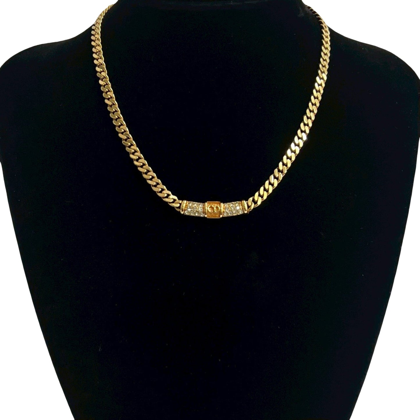 Gold Dior Gold Plated CD Logo Rhinestone Cuban Chain Link Necklace