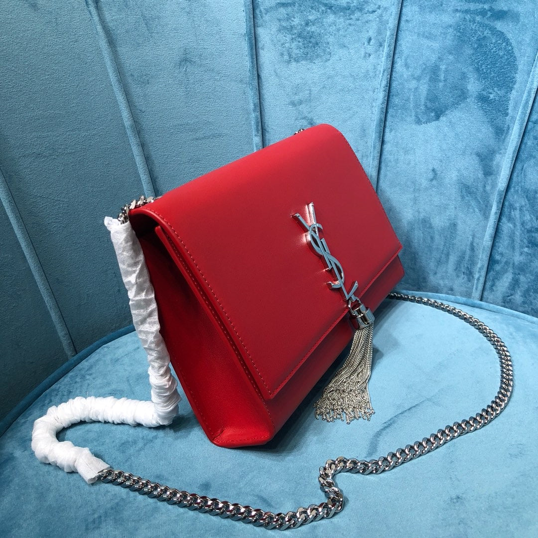 Top Quality Kate MeTop Qualityum Chain Bag With Tassel In Grain De Poudre Red For Women 9.4in/24cm YSL