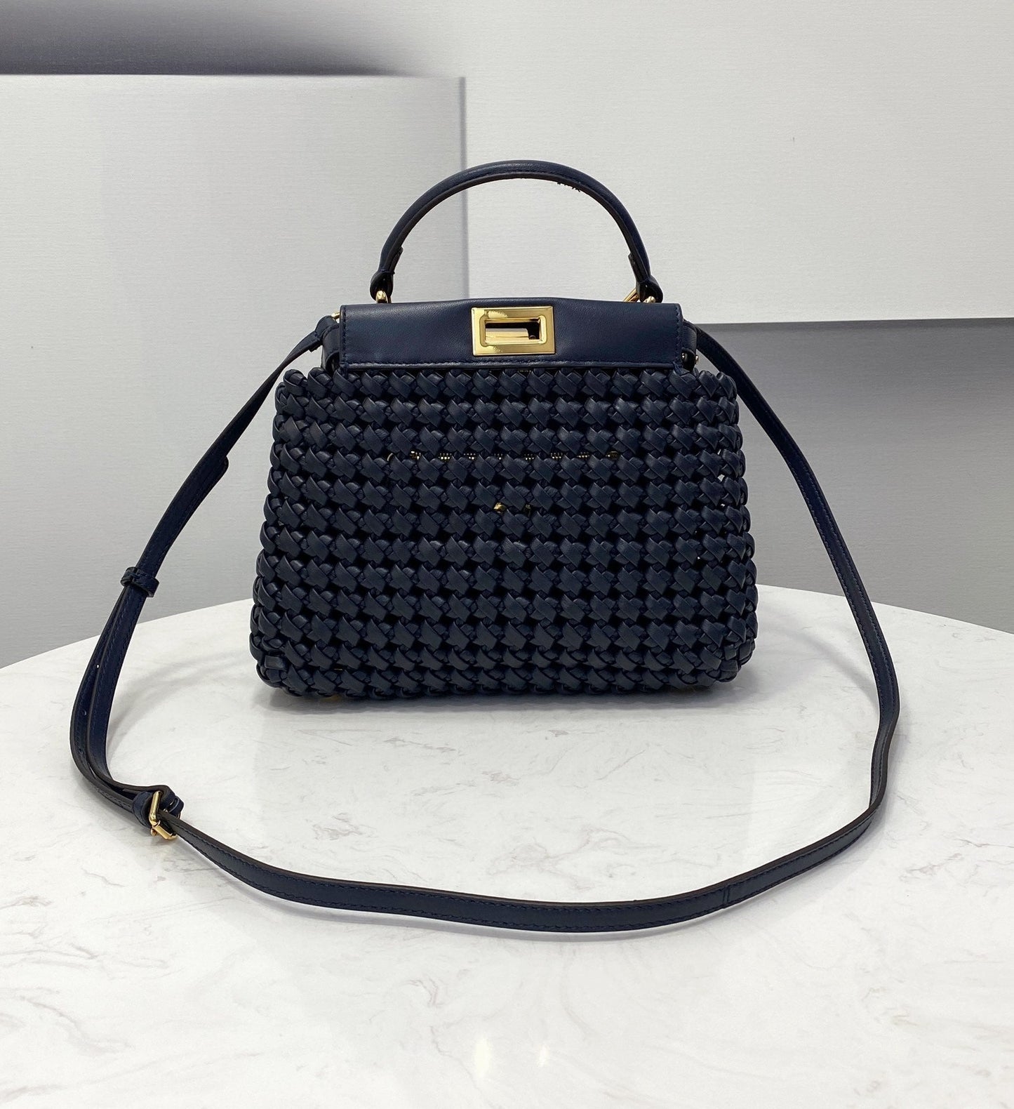 Top QualityTop Quality Peekaboo Mini Navy Blue Braided Bag For Woman 18cm/7in