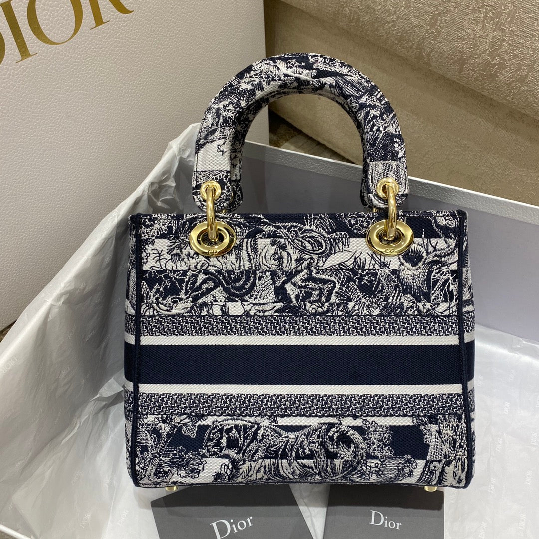 Top Quality MeTop Qualityum Lady D-Lite Bag Toile de Jouy Stripes Embroidery, Navy Blue Handbags, 24cm CD M0565ORLP_M928