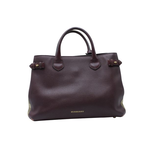 Burberry Dark Purple Grained Leather Tote - Checked Pattern On Sides
