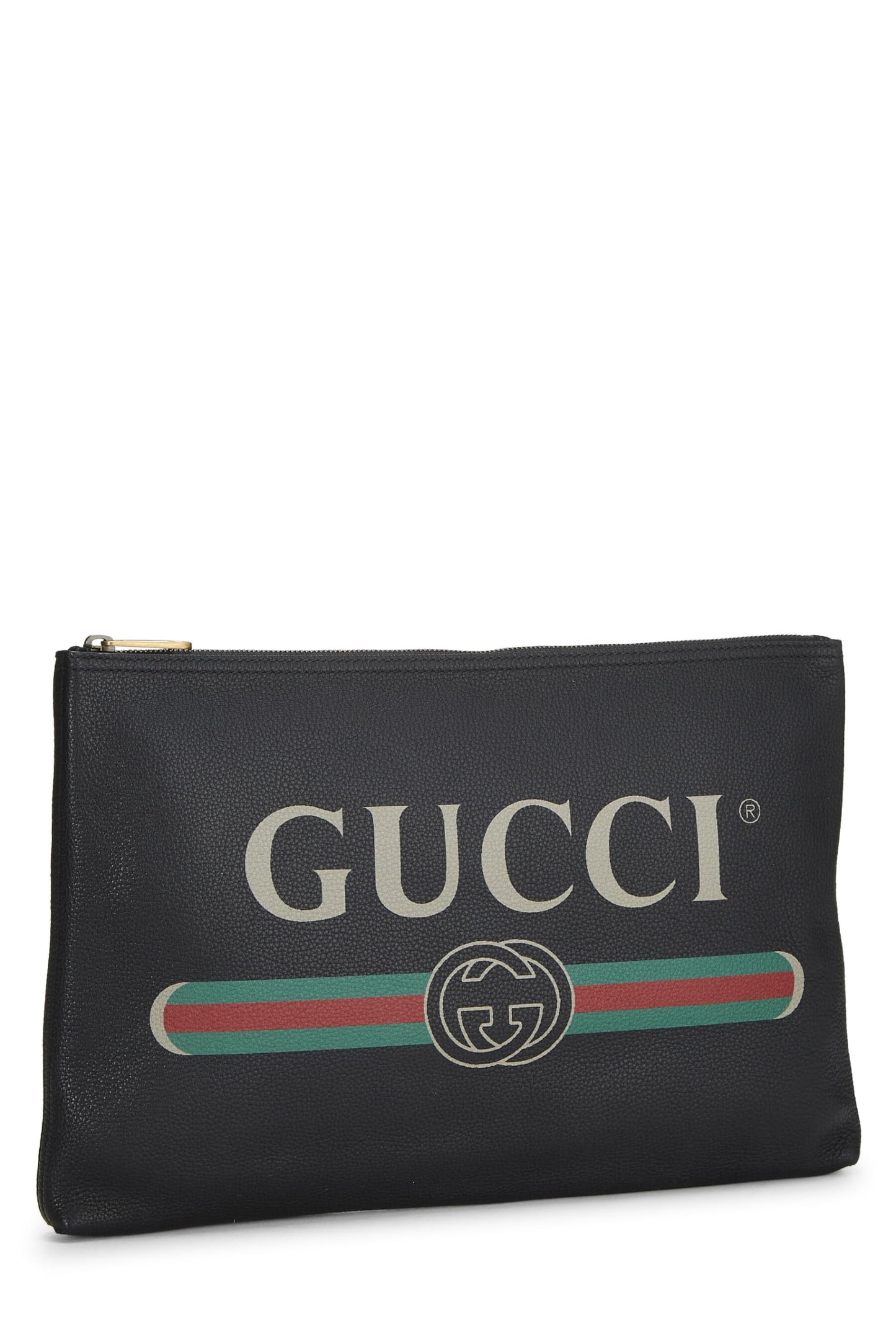 Gucci, Black Leather Logo Print Pouch, Black