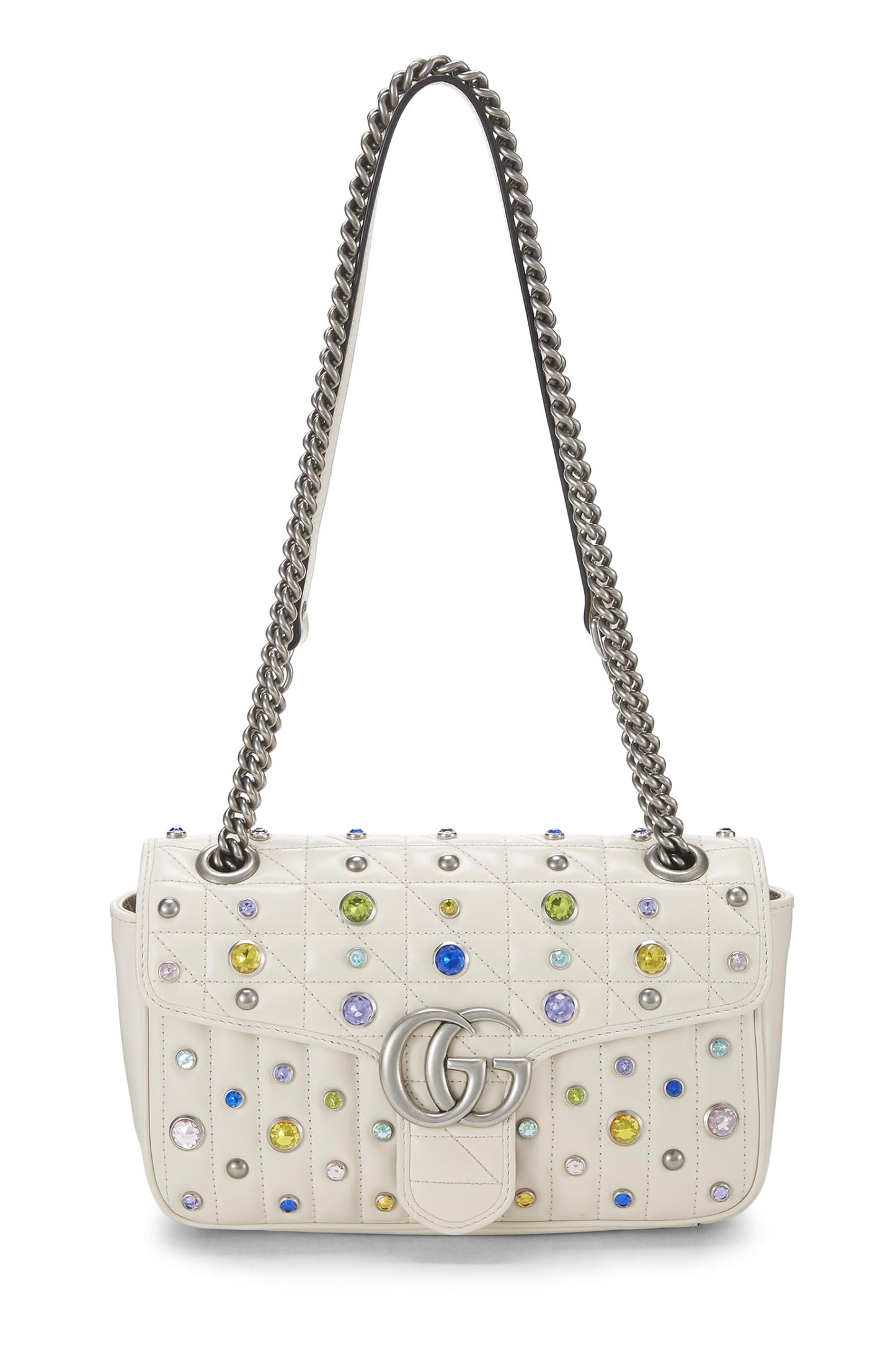 Gucci, White Leather Crystal Embellished GG Marmont Shoulder Bag, White