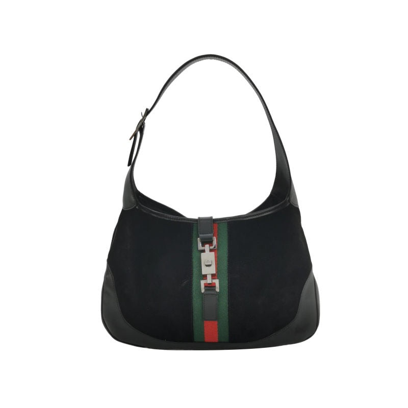 Gucci Jackie   Medium Black Leather Suede Green Web Shoulder Bag