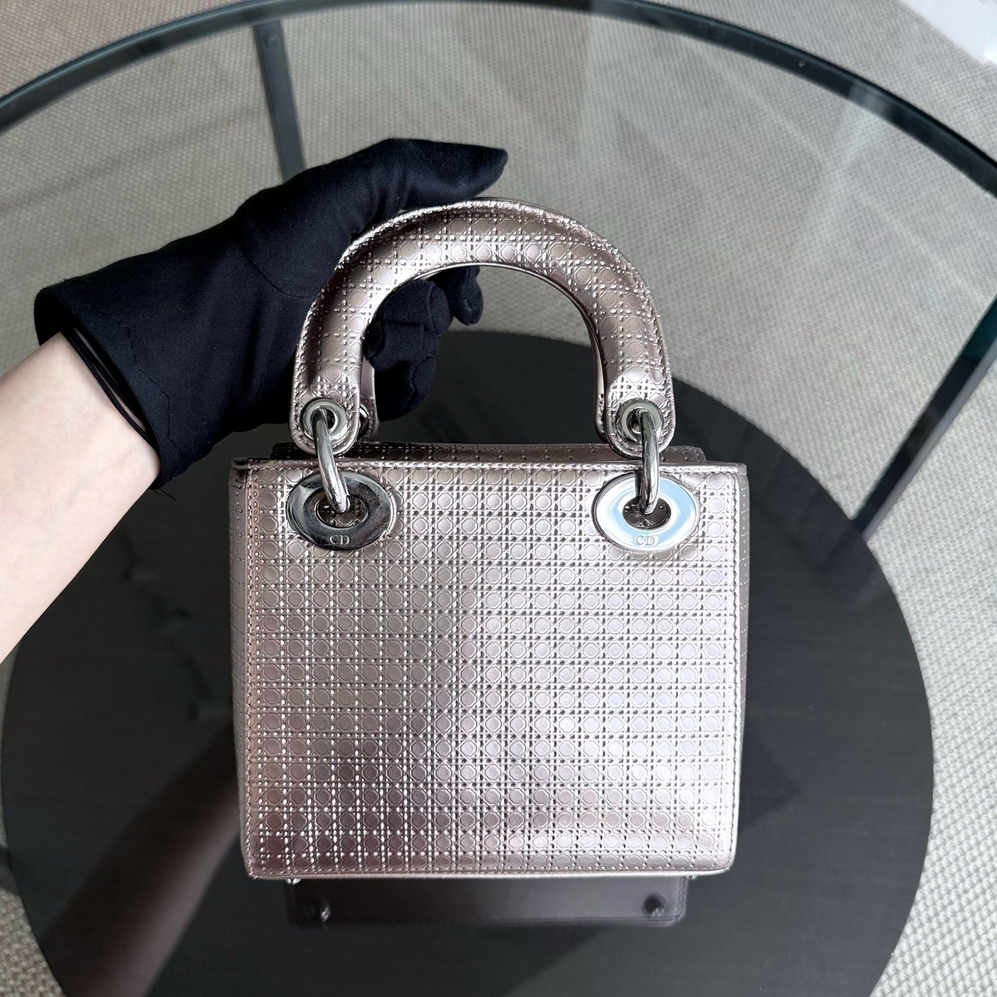 Dior Lady Mini - Micro Cannage Metallic Rose Gold Silver Hardware Adjustable Strap