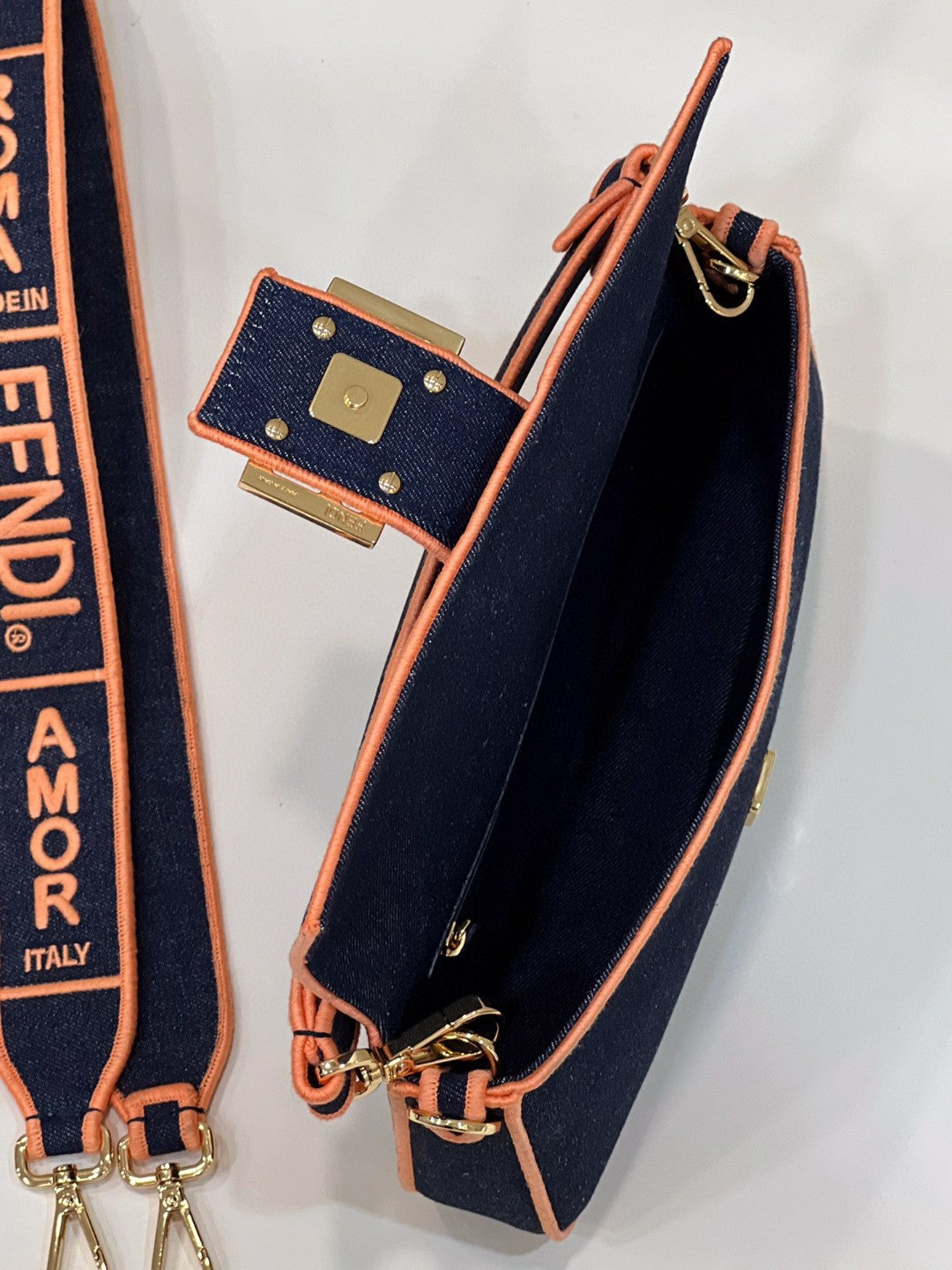 Top QualityTop Quality Baguette Blue Denim Orange Border Bag For Woman 26cm/10in