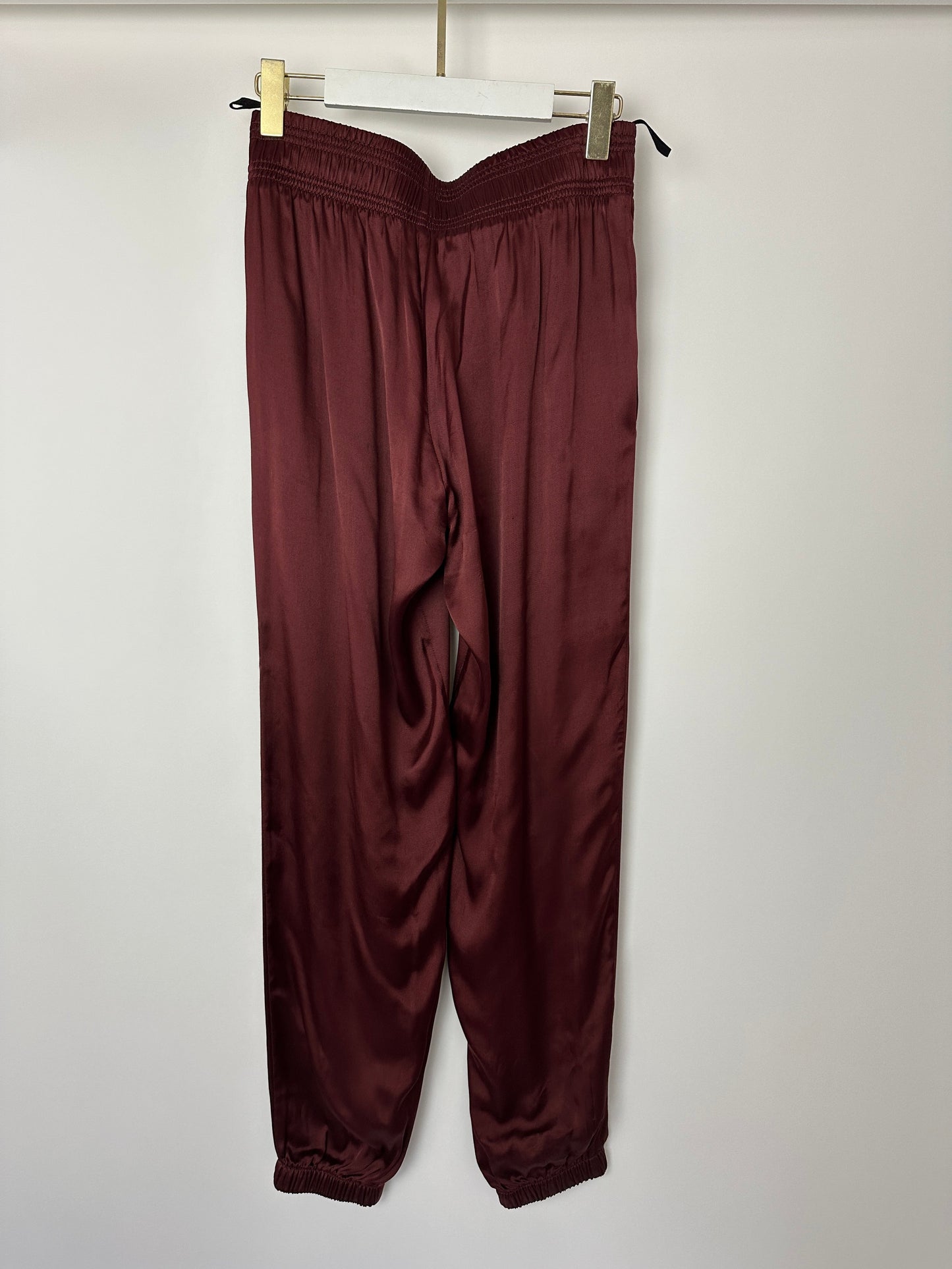 Celine Burgundy Satin Boxing Tro rs with Cuffed Hems and Waistband Logo Detail Size FR 34 (UK 6)