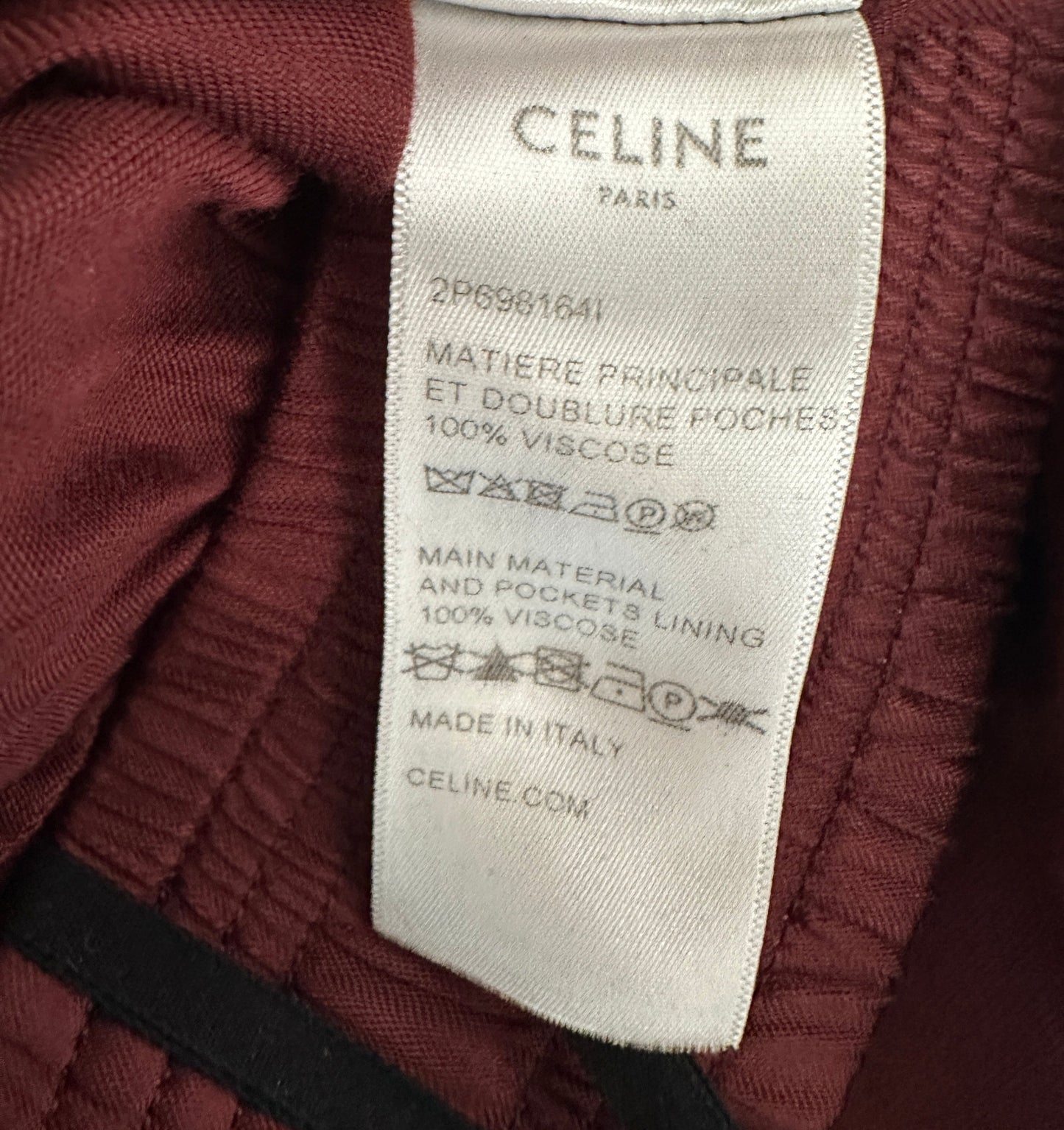 Celine Burgundy Satin Boxing Tro rs with Cuffed Hems and Waistband Logo Detail Size FR 34 (UK 6)