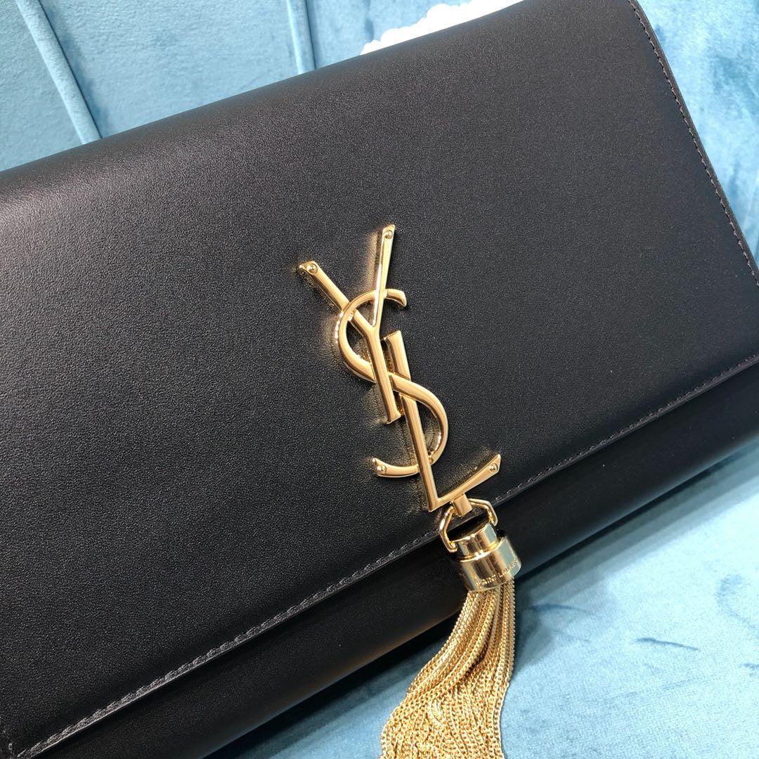Top Quality Kate MeTop Qualityum Chain Bag With Tassel In Grain De Poudre Black For Women 9.4in/24cm YSL 354119BOW0J1000