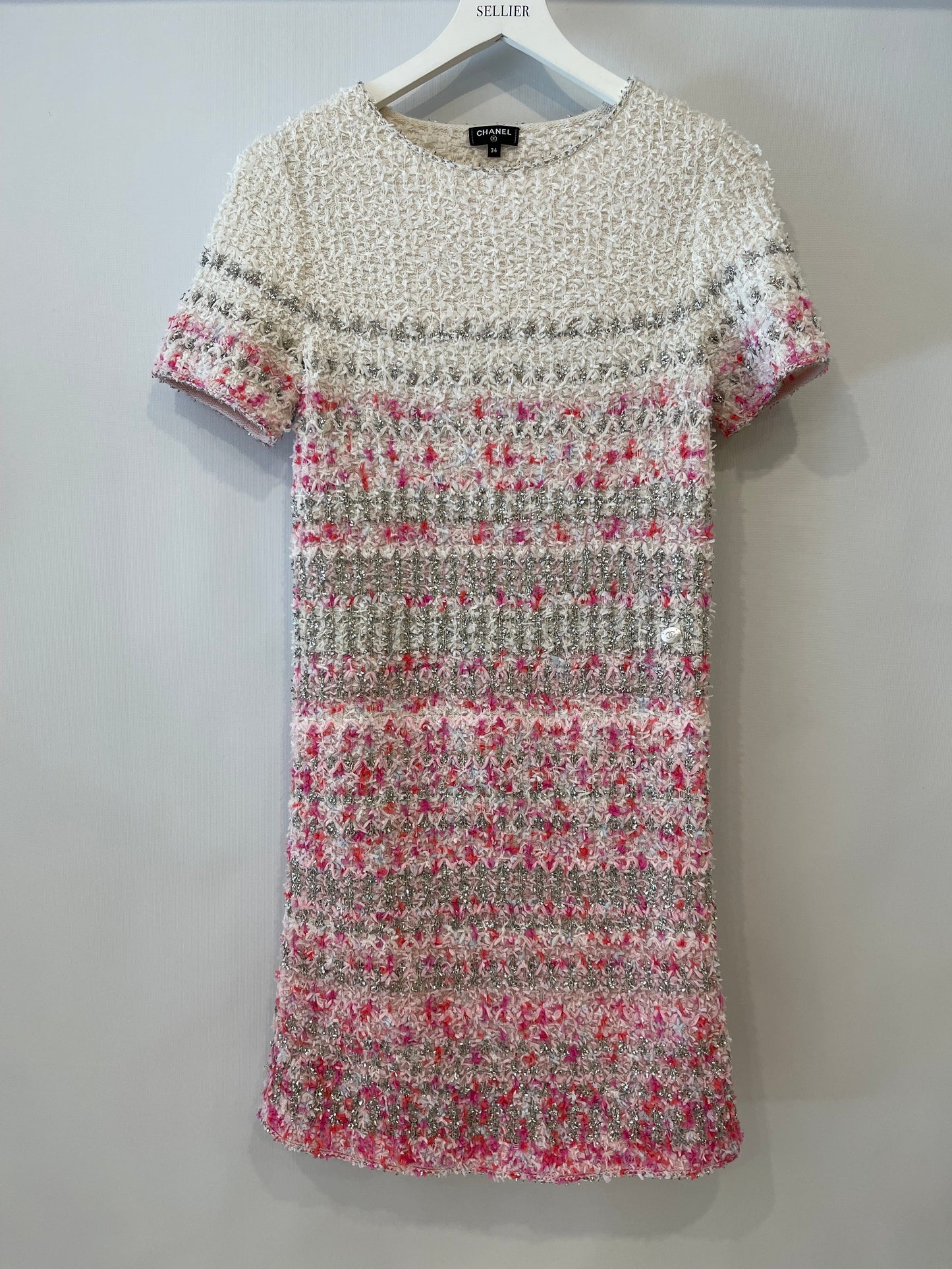 Chanel 2018 Waterfall Collection White, Pink and Silver Short Sleeve Tweed Midi Dress with Size FR 34 (UK 6)