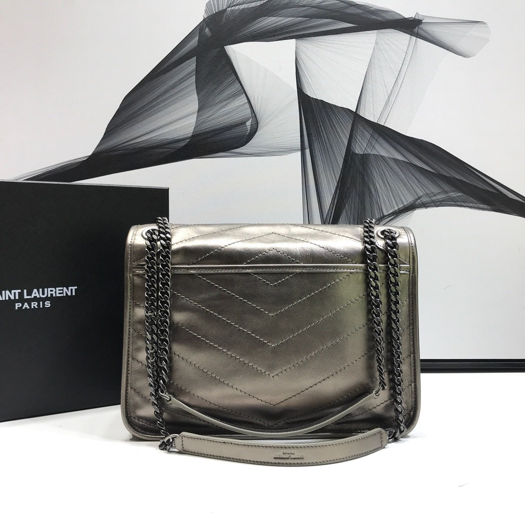 YSSL Niki Medium Chain Bag In Crinkled  Silver For Women 11in/28cm YSL 