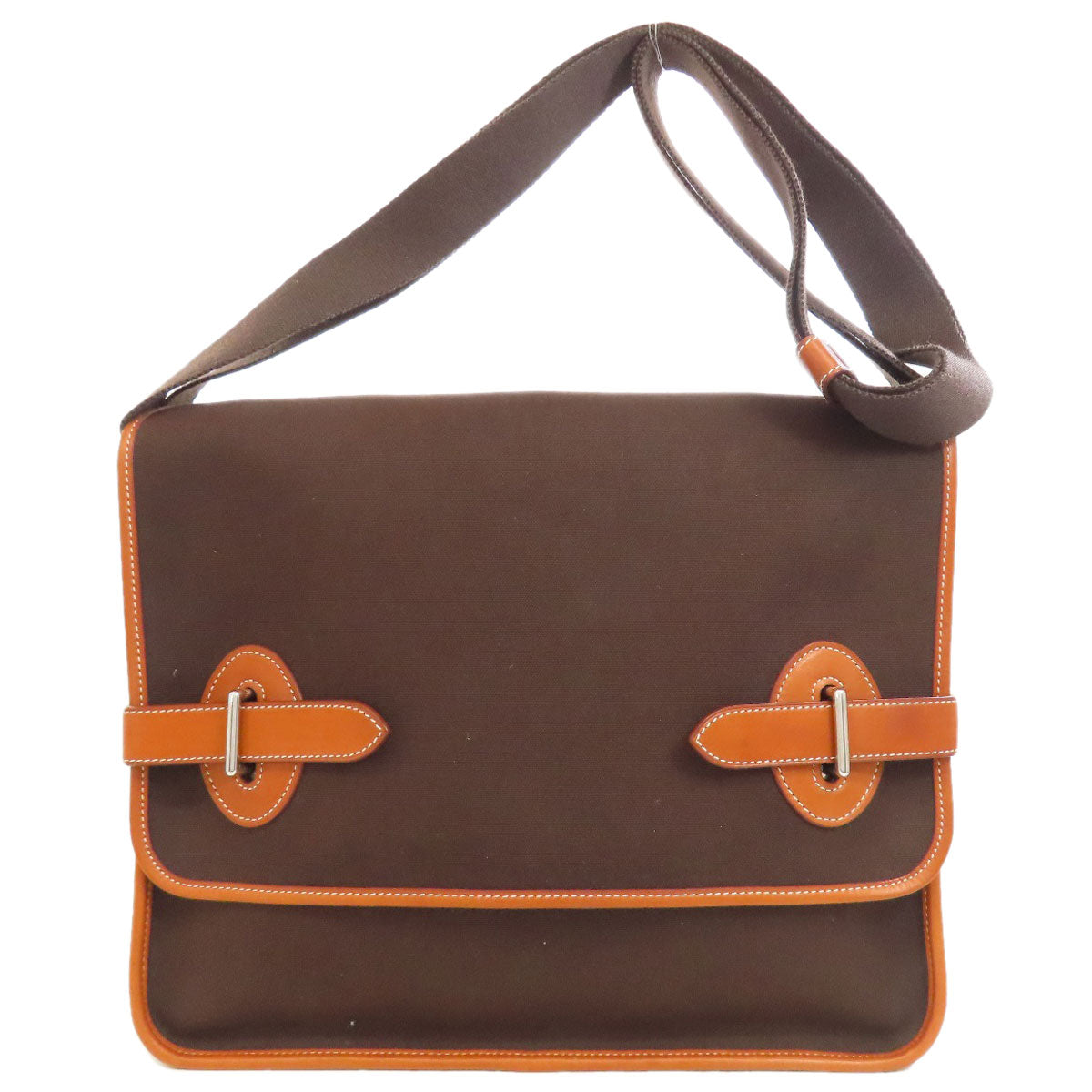 HERMES Shoulder Bag Toile Officier, Calfskin Brown Buenaventura SilverMetal Women  d
