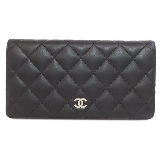 CHANEL Long Wallet Purse lambskin black Matelasse SilverMetal