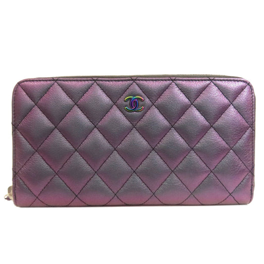 CHANEL Long Wallet Purse Calfskin purple Matelasse COCO Mark SilverMetal Women