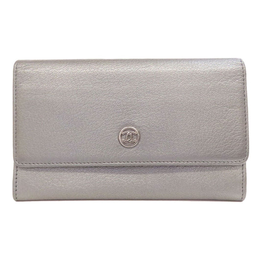 CHANEL Long Wallet Purse Calfskin Silver COCO Mark SilverMetal