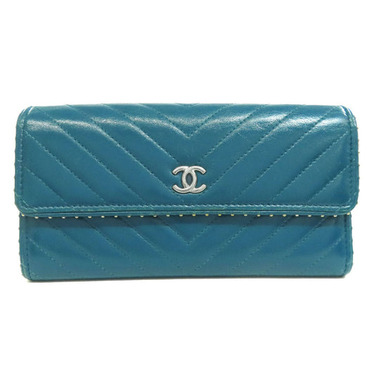 CHANEL Long Wallet Purse Calfskin blue Vstitch COCO Mark SilverMetal