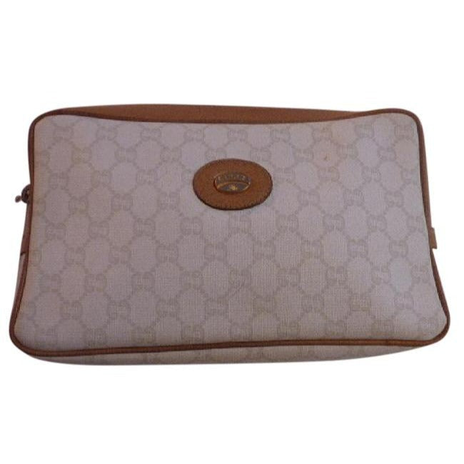 Gucci   Camel Leather Large Khaki Plus Logo Print On Ivory Coated Canvas