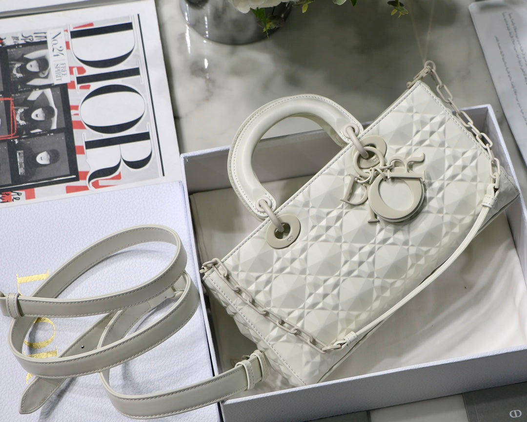 Top Quality Lady D-Joy Bag White Macrocannage Technical Fabric, White Handbags, 26cm CD M0540OTID_M933