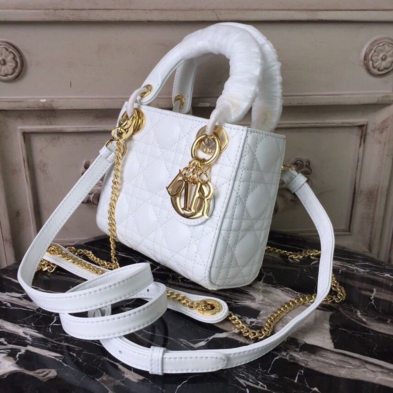 Top Quality Mini Lady Bag Gold Toned Hardware White For Women 18cm/7in CD