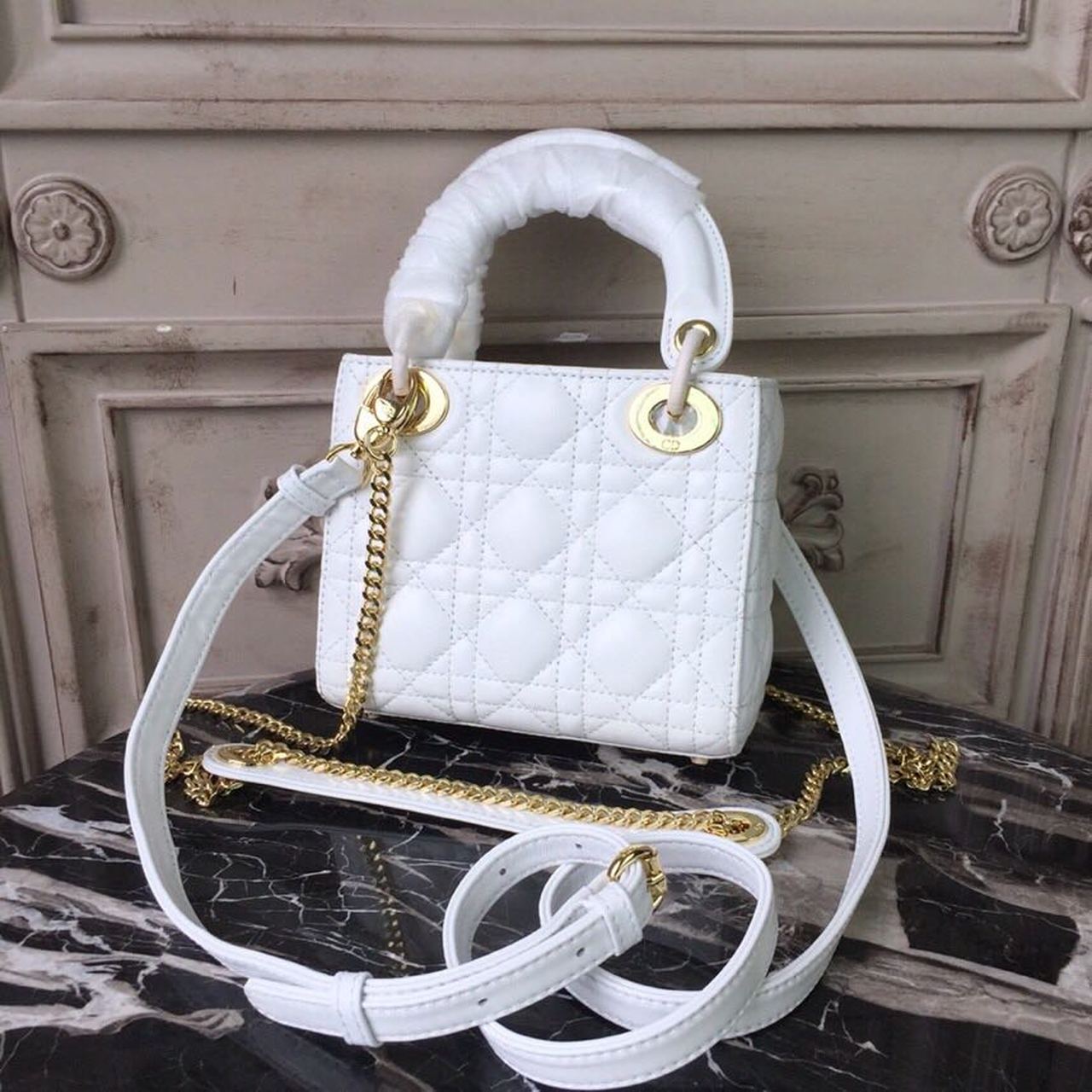Top Quality Mini Lady Bag Gold Toned Hardware White For Women 18cm/7in CD