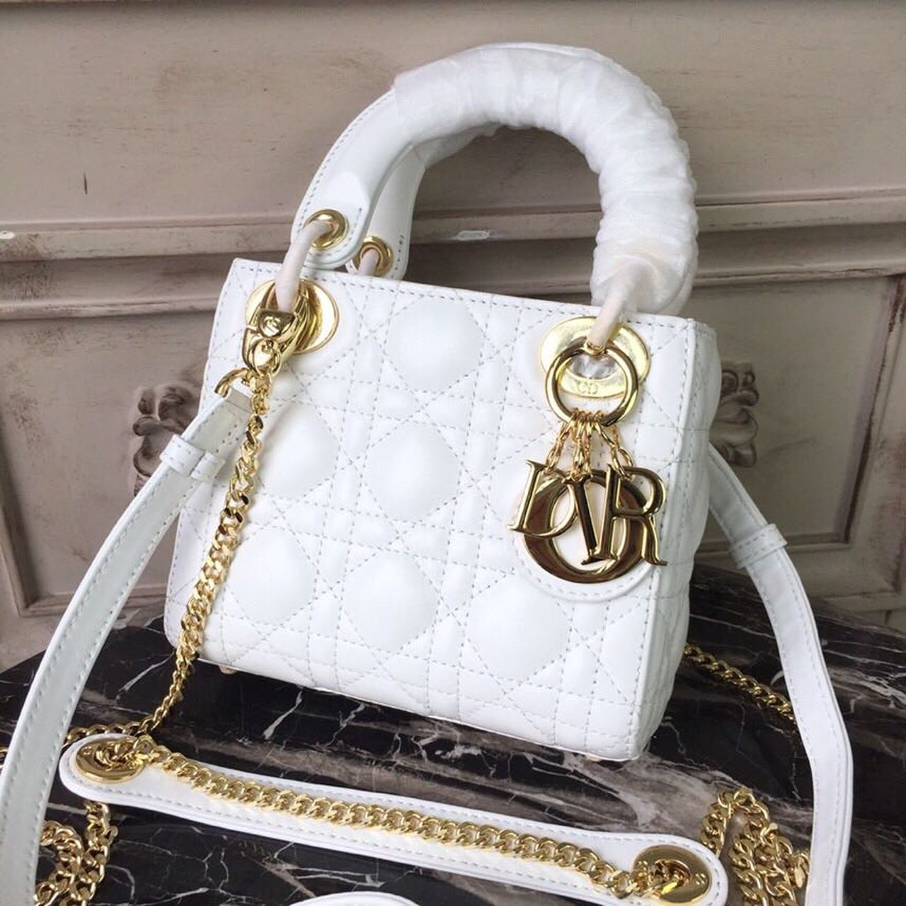 Top Quality Mini Lady Bag Gold Toned Hardware White For Women 18cm/7in CD