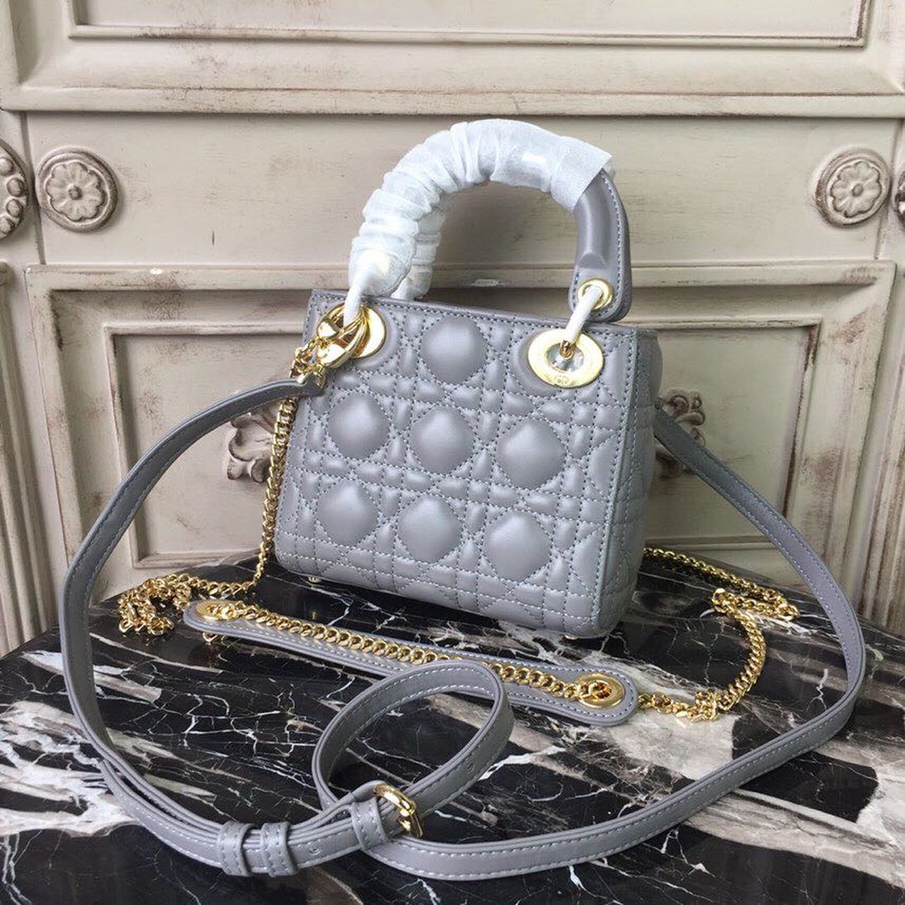 Top Quality Mini Lady Bag Gold Toned Hardware Grey For Women 18cm/7in CD